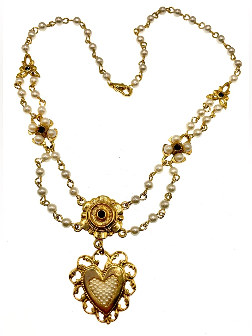 Vintage Robert Rose Gold Tone Faux Pearl Heart Pendant Necklace Signed 1980s
